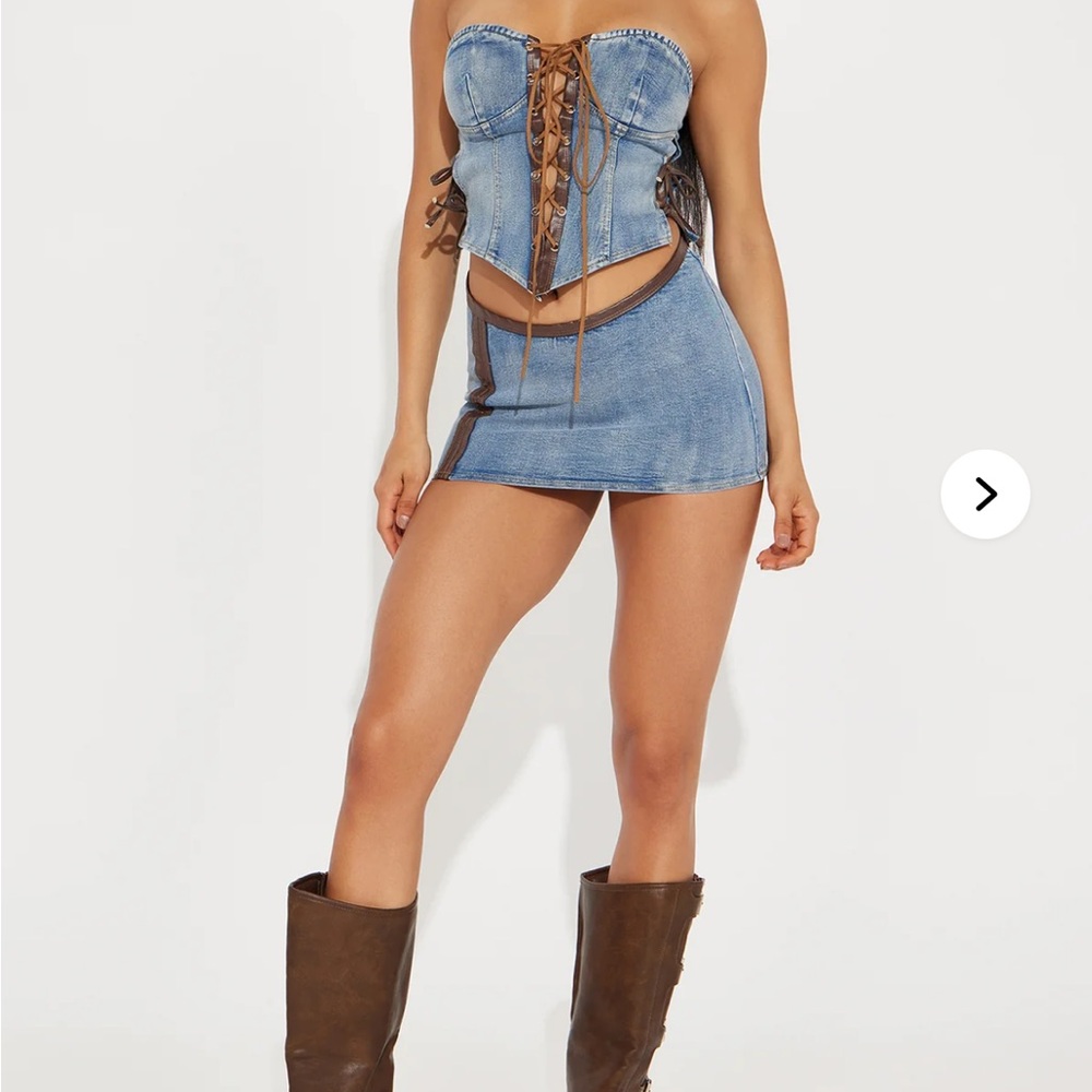 Denim Lace-Up Two-Piece Set: Corset Top with Mini Skirt